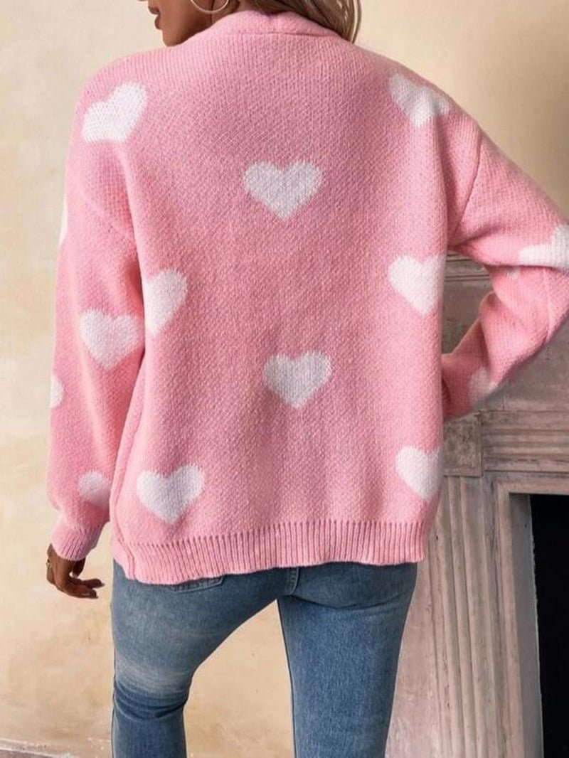 Women'S Heart Print Button Front Drop Shoulder Cardigan, Casual Long Sleeve V Neck Knitwear for Fall & Winter, Women Clothing - Bela Fils BoutiqueBela Fils Boutique